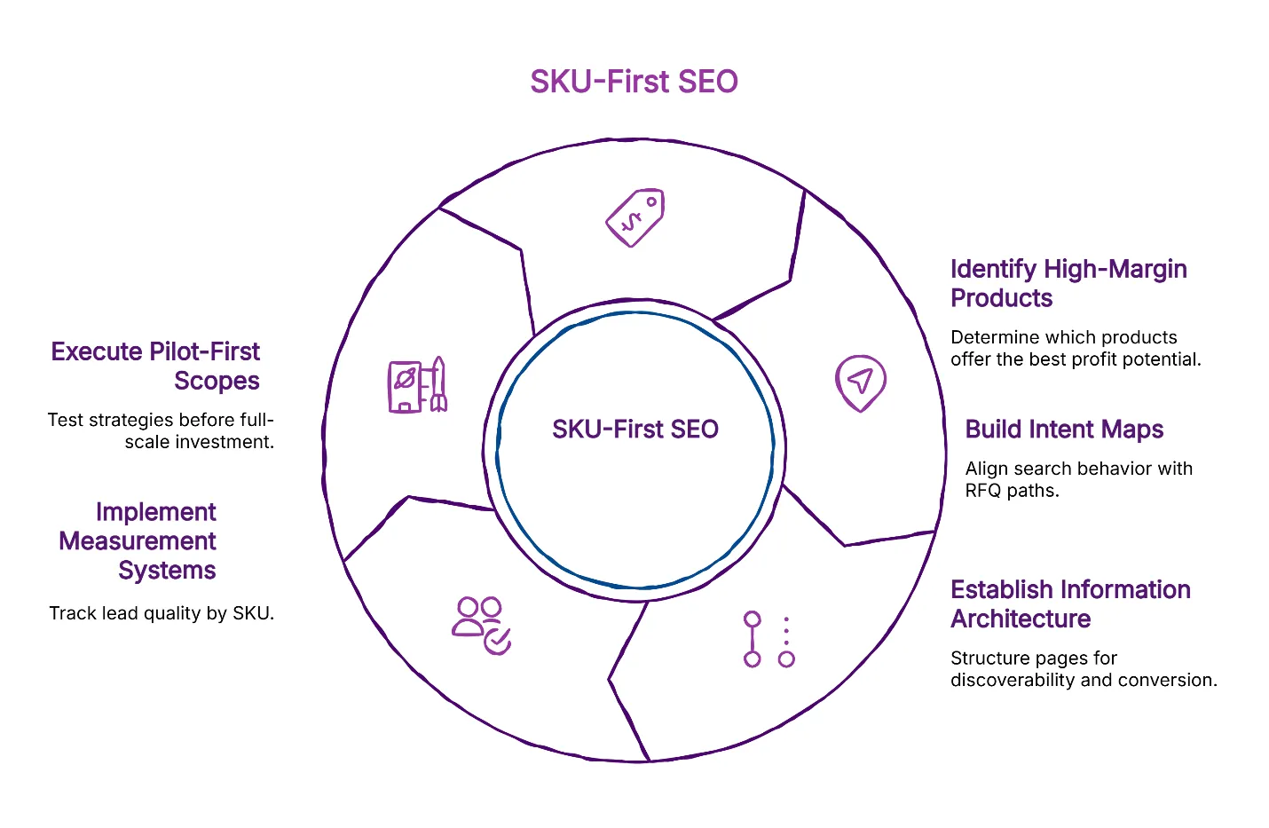 Diagram titled "SKU-First SEO" showing five steps: Identify High-Margin Products, Build Intent Maps, Establish Information Architecture, Implement Measurement Systems, and Execute Pilot-First Scopes.